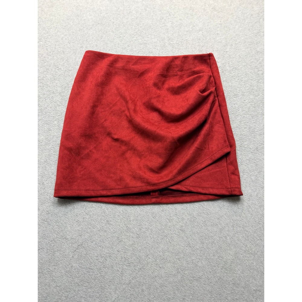 Red Faux Suede Wrap Front Mini Skirt Draped Detail Size Medium